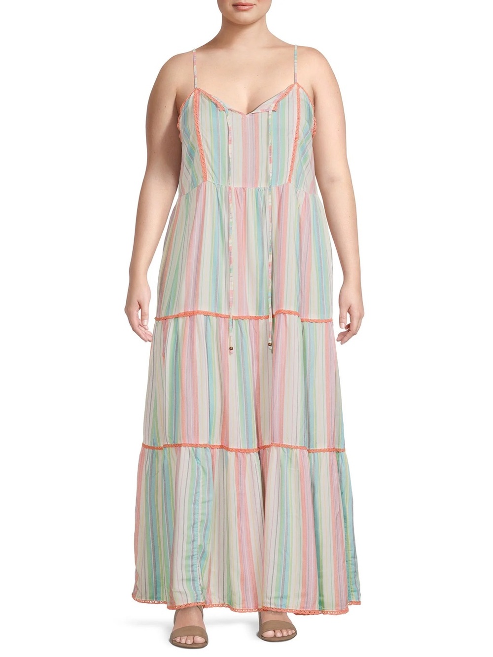 Angie Maxi Dress Size 1X Tiered Striped Sleeveless Multicolor Vacation Beach